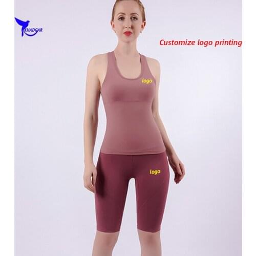 2020 Summer Women 2PCS Elastic Yoga Sport Suit with Padded Quick Dry Gym Fitness Running Set Vest+High Waist Tights Kit Custom