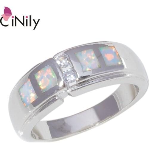 CiNily Created White Blue Fire Opal Cubic Zirconia Silver Plated Wholesale for Women Jewelry Wedding Ring Size 7-9 OJ9416-17