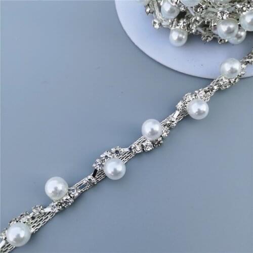 1 Meter Pearl Rhinestone Crystal Chain Curve Bling Diamond Trim Ribbon Necklace Applique Gem Sparkle Wedding Dress 0.39" Width