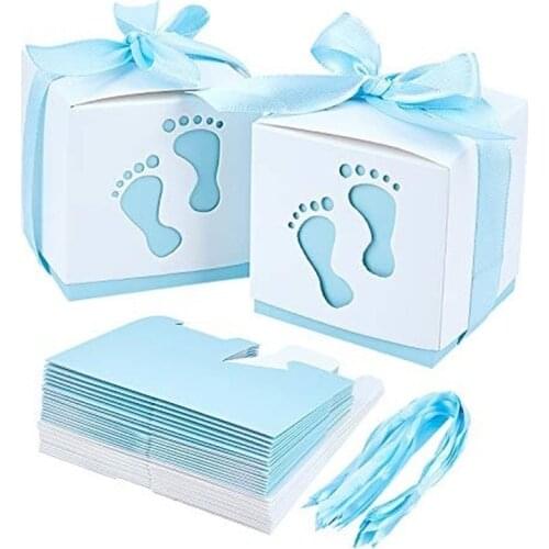 10pcs Newborn Baby Footprints Candy Boxes Baby Shower Gift Packaging Box Blue Pink Cute Paper Bag Ribbon Birthday Party Favor