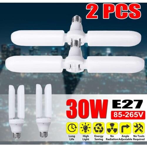 2Pcs 30W/60W/75W E27 LED Bulb Foldable Fan Blade Bulb 85-265V Led Fan Garage Light Super Bright 6500K for Workshop Ceiling Light