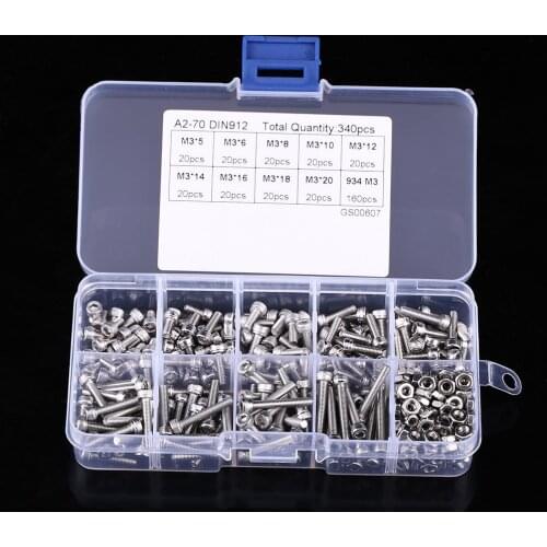 340pcs M3 Bolt Nut Stainless Steel SS304 Hex Socket Cap Head Screws and Nuts Assortment Kit Fastener Hardware