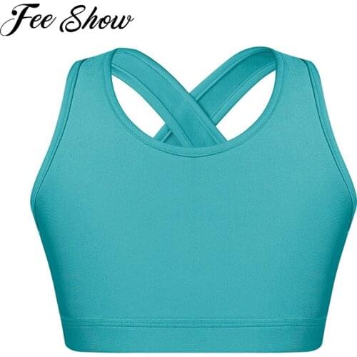 Kids Girls Dance Top Sport Cropped Top Vests Shoulder Straps Sleeveless Keyhole Back Shockproof Running Gym Yoga Sports Bra Top