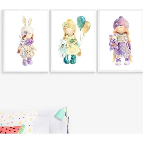 Girl Angel Art Canvas Painting Watercolor Bear Rabbit Cartoon Bedroom Decoration Wall Pictures Nursery Baby Room Print Posters