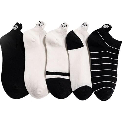 Breathable Embroidery Panda Short Sox Funny Nice Gift Cotton 5Pairs for Men Shallow Mouth Boat Socks
