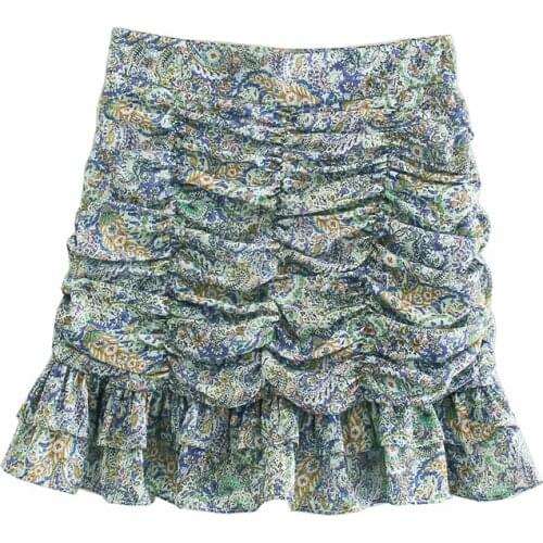 Evfer Women Spring Fashion Cascade Pleated Za Mini Skirts Chic Lady Elegant Floral Print High Waist Green Short Skirt Chic