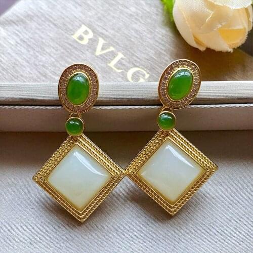Natural Hetian Jade White Jade Jasper Stud Earrings S925 Sterling Silver Color Matching High-End Ornament for Women
