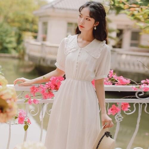 2021 Japanese Mori Girl Summer Women Midi Dress Turn-Down Collar Elastic-Waisted Feminine Dress Elegant White Green Sweet Dress