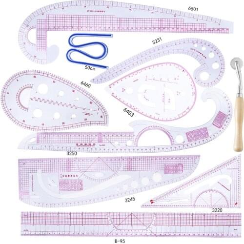 13Pcs Ruler Tailor Measuring Kit Clear Sewing Drawing Ruler Yardstick Sleeve Arm French Curve Set Cutting Ruler Paddle Wheel