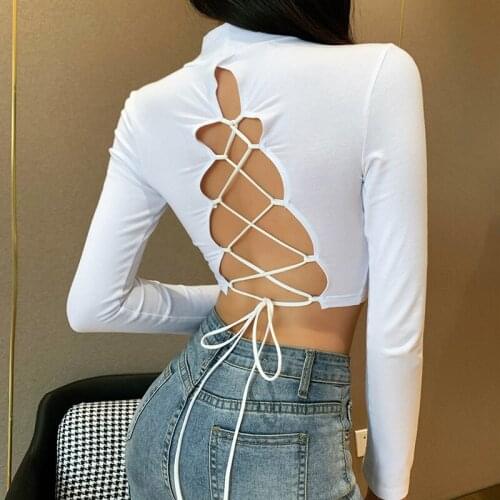 Inverted Triangle Bacless Bandage Woman Tshirts 2021 Sexy Skinny Bodycon Vest Street O Neck Three Quarter Sport Streetwear Lady