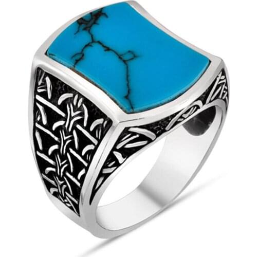 Men Silver Ring With Blue Raw Turquoise Stone Made In Turkey Solid 925 Sterling Silver