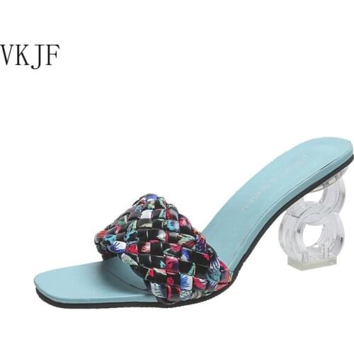 Luxury Slides Women High Heels Mules Pumps Individual Weave Leisure Blue Office Ladies Prom Slippers Womens Shoes
