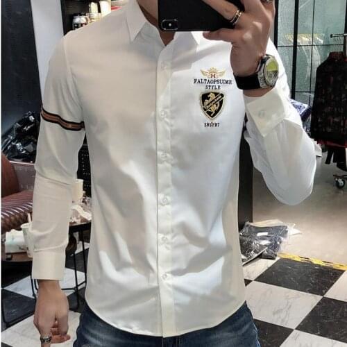 New shirt Side Chest Embroidery Decorated Long Sleeve Shirt with Polyester Spandex Material and Turn Down Collar men clothing