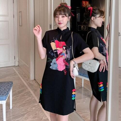 Plus Size M-4XL New Black Casual Party Loose Fashion Modern Cheongsam Dress Women Short Sleeve Qipao Traditional Chinese Clothes