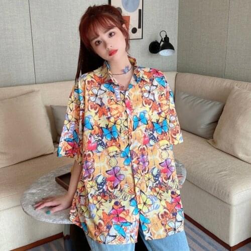 Shirts Women Short Sleeve Printed Plus Size Oversize Shirt Loose Korean Streetwear Blouses Womens Turn Down Collar Summer New