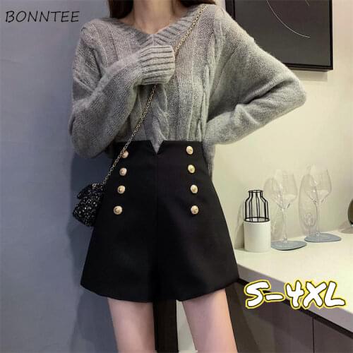 Shorts Women Double-breasted Casual High Waist A-Line Wide Leg Black Female Bottoms Golden Buttons Elegant Office Lady Oversize