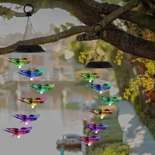 LED Colorful Solar Power Wind Chime Crystal Hummingbird Butterfly Waterproof Outdoor Windchime Solar Light For Patio Yard Garden