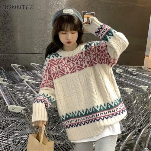 Sweaters Women Vintage Korean All-match Chic Autumn Sweater Newest Warm Loose O-Neck Ladies Pullovers Lazy Style Popular Clothes