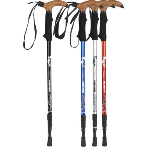 Aluminum Alloy Three Section Telescopic Absorber Mountaineering Hiking Stick Curved Handle Crutch Outdoor Walking Trekking Cane