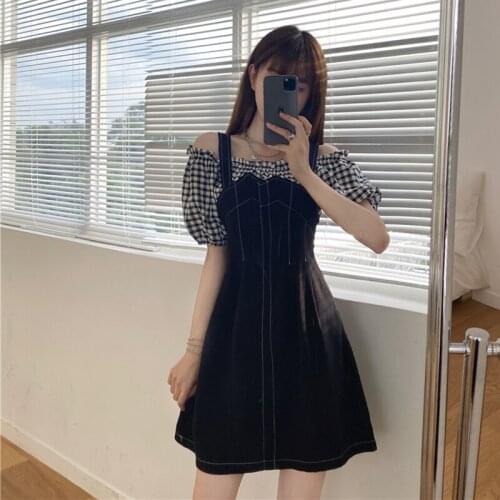 Korean Retro Horizontal Neck Plaid Puff Sleeve Strap Waist fairy dress tea party lolita dress sweet lolita doll