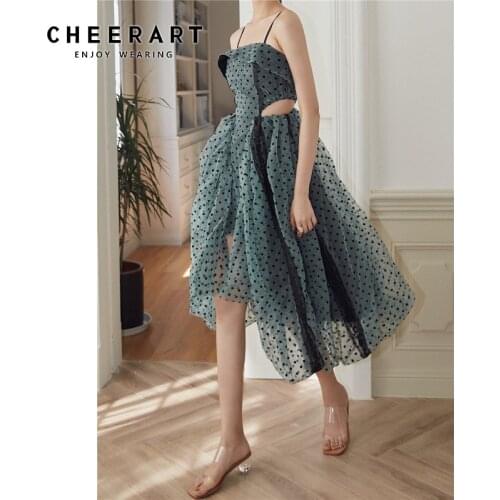 CHEERART Green Polka Dot Tulle Fairy Dress Spaghetti Strap Backless Cut Out Evening Gowns For Women Summer Ladies Long Dress