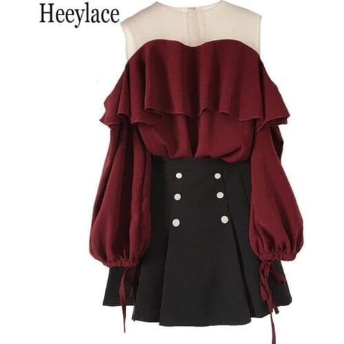 Plus size Summer 2 pcs sets Women mesh Patchwork Off the Shoulder top+A Line Draped Skirt set Female Ruffles korean sweet Sets