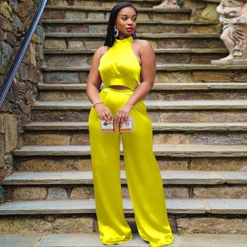 Office Lady Two Piece Set Women Elegant Work Wear Sleeveless Off Shoulder Halter Crop Tops and Wide Leg Pants Suits Club Outfits