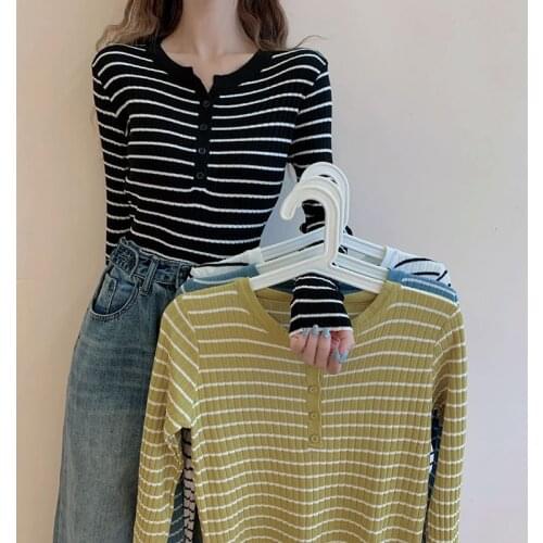 2020 Stripe Autumn Winter Button V Neck Sweater Women Basic Slim Pullover Women Sweaters And Pullovers Knit Jumper Ladies Tops