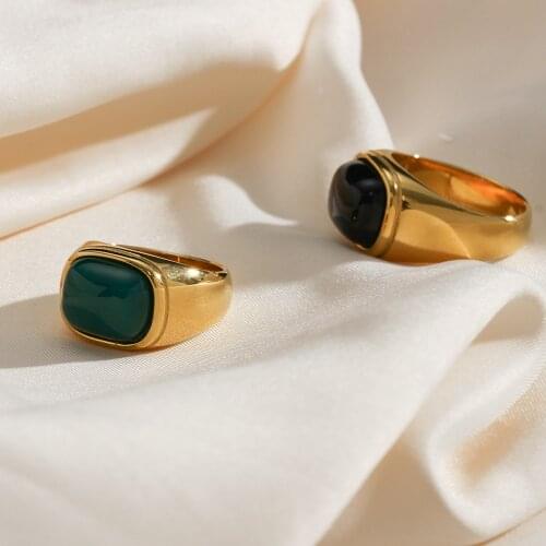 Tarnish Free Jewelry Womens Steel Chunky Bold Stylish Oval Square Stone Ring Natural Green Black Agate Ring For Women