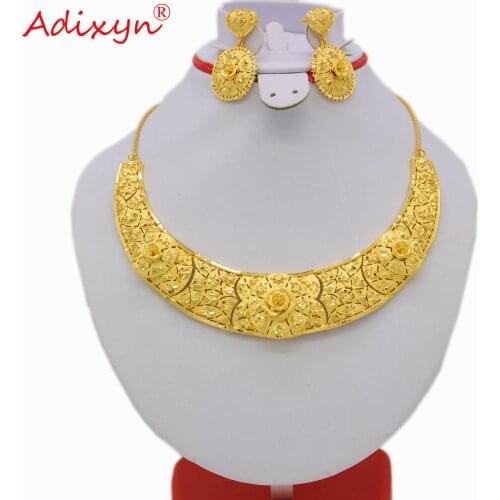 Adixyn Dubai Flower Earrings/Necklace Jewelry set for Women Wedding 24k Gold Color African Bridal Jewelry Indian Women N07189