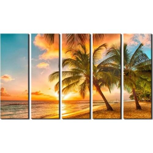 Large Canvas Wall Art Decor Sunset Sea Beach with Coconut Palm Modern Giclee Art Work Sea Painting Picture Drop shipping