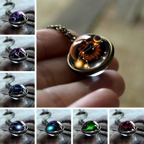 12 Constellations Double Side Glass Cabochon Pendant Necklace Zodiac Signs Vintage Chain Handamde Fashion Women Girl Jewelry