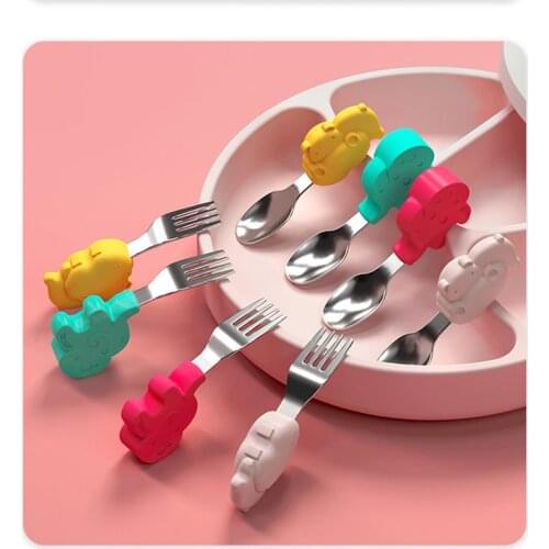 Baby Training Short Handle Silicone Fork Spoon Eating Silicone Spoon Stainless Steel Spoon Baby Tableware Food Supplement Spoon