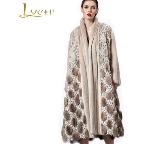 LVCHI Winter 2019 Import Sable Real Mink Fur Coats Womens Print Mink Coat Full Pelt V-Neck Slim Palace Style X-Long Mink Coats