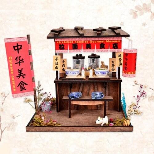 DIY Wooden Dollhouse Miniature Kit with Furniture, LED Light Chinese Style Noodles Restaurant DIY Dollhouse Accessories