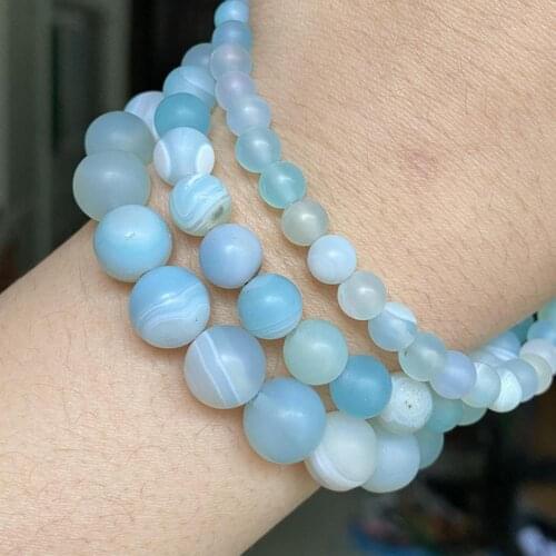 Natural Matte Dull Polish Light Blue Striped Agates Stone Beads 6 8 10mm Loose Spacer Beads For Jewelry Making Diy Bracelet 15