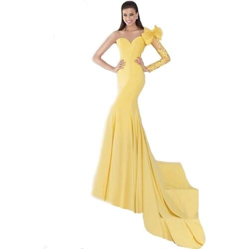 Luxury Sweetheart Single Long Sleeve Bow Gown sweep Train Long Formal Sexy Lace Mermaid party prom gown 2018 bridesmaid dresses