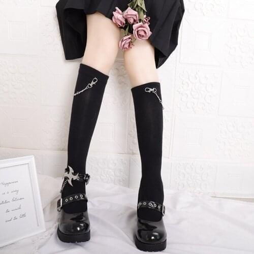Japanese High School Students Middle Tube Socks JK Uniform Chain Calf Socks Dark Black Female Thigh High Socks Lolita Stockings