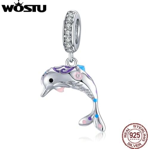 WOSTU Real 925 Sterling Silver Lovely Dolphin Charms Zircon Bead Fit Original Bracelet Pendant For Women Fashion Jewelry CTC159