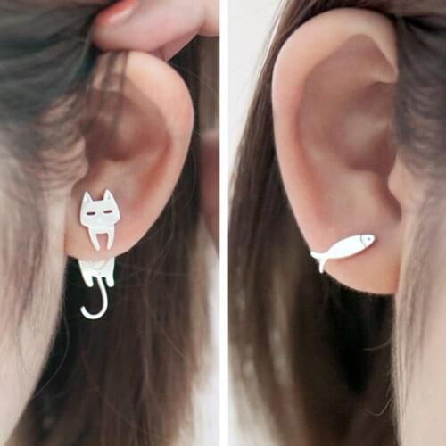 Simple Cute Cat Fish Asymmetrical Stud Earrings for Women Girls Metal Silver Color Ear studs Fashion Party Jewelry Accessories