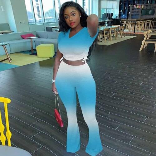 Gradient Color Print Two Piece Set Tracksuit for Women Ruched Drawstring Crop Top and Bell Bottom Trouser Casual Matching Suit
