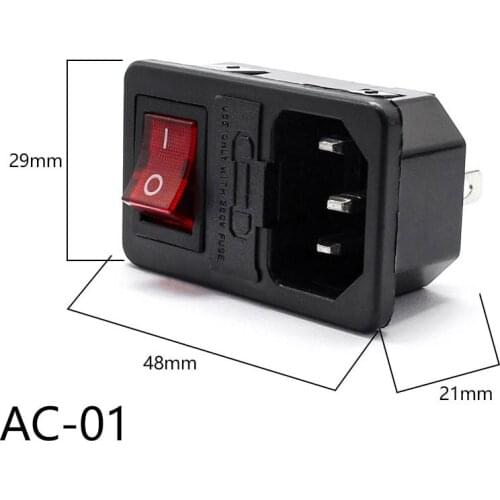 1PC IEC320 C14 Electrical AC Power Socket 3 pin red LED 250V Rocker Switch 10A fuse female male inlet connector 2pin socket