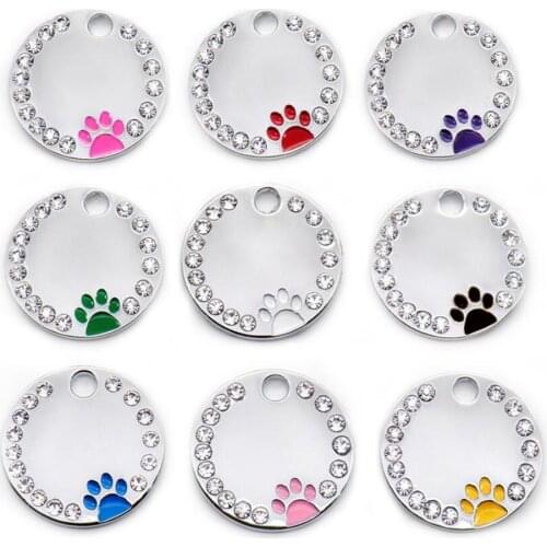 100pcs/lot Zinc Alloy Circle Pet ID Tags Drip Processed Dog Cat Identity Tags Decorated with Paw and Bling Stones