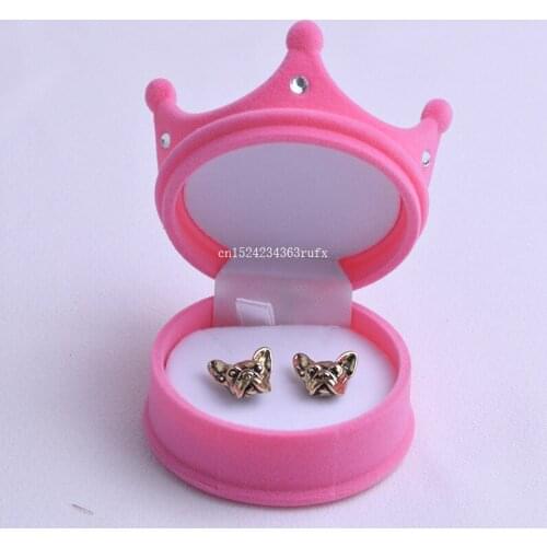 100pcs Crown Shape Gift Box Holder Lovely Velvet Ring Box Rhinestone Wedding Engagement Earrings Jewelry Display Boxes