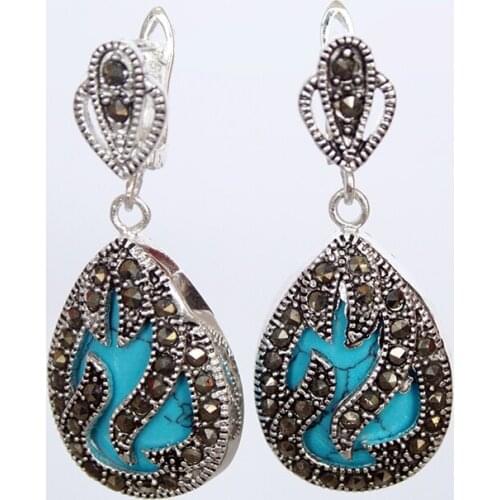 11/2" fashionable jewelry 925 Silver & Marcasite inlay blue Natural Turquoise Waterdrop Earrings 925