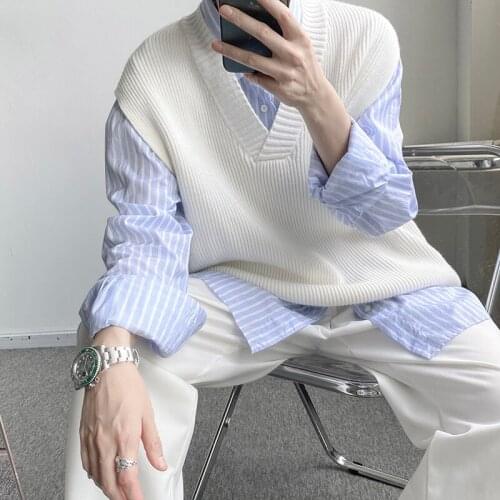 2021 Autumn Korean style Personality sweater vest men casual loose sweater Waistcoat for men M-XXL