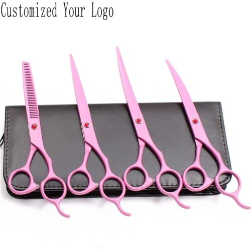 7INCH Customize Logo Pink Stainless Dog Grooming Scissors Cutting Shears Thinning Shears Up&Down Curve Scissors Pet Shears C3100