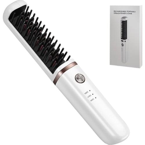 Cordless Hot Air Hair Brush Comb, 2 in 1 Hot Air Brush Salon Negative Ionic Blow Dryer Hair Straightener & Curler U1JE