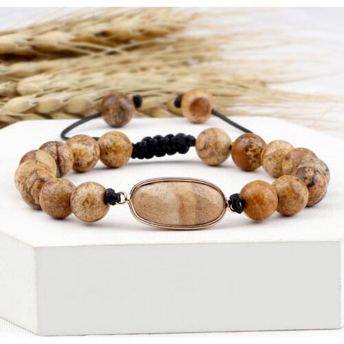 Men Natural Stone Bracelet Handmade Picture Jasper Round Beads Pendant Bracelets Bangles Charm Women Yoga Wrist Jewelry pulseras