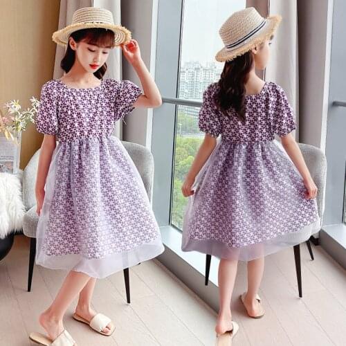 Children Dress 2021 New Baby Purple Floral Girls Dress With Mesh Sweet Dress Teenager Kids Korean Style Clothes 5 7 9 11 12 13Y